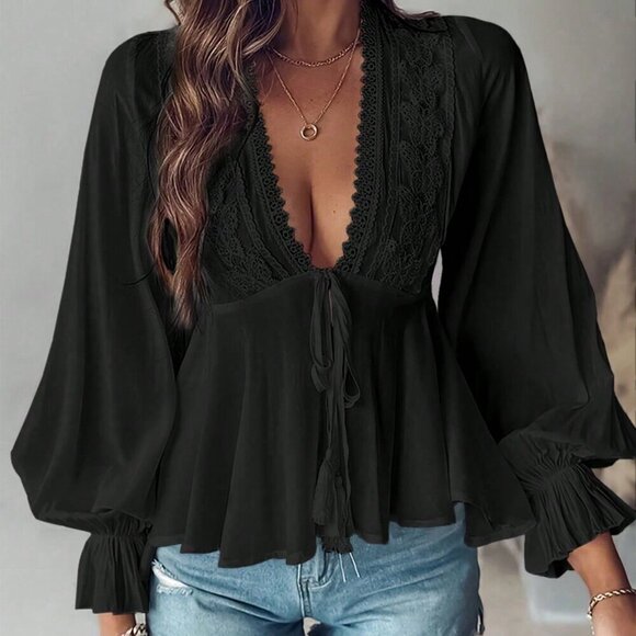 Black Boho Women's Casual Lace Patchwork Ruffle Sleeve Blouse - Picture 3 of 3